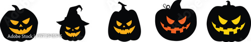 Halloween pumpkin icon set.Evil pumpkin symbol. Halloween evil face vector illustration.Halloween decoration cartoon sign.Cute Creepy Spooky Halloween Pumpkin Fall Autumn Sticker Print Illustration.