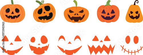 Halloween pumpkin icon set.Evil pumpkin symbol. Halloween evil face vector illustration.Halloween decoration cartoon sign.Cute Creepy Spooky Halloween Pumpkin Fall Autumn Sticker Print Illustration.