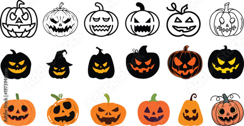 Halloween pumpkin icon set.Evil pumpkin symbol. Halloween evil face vector illustration.Halloween decoration cartoon sign.Cute Creepy Spooky Halloween Pumpkin Fall Autumn Sticker Print Illustration.