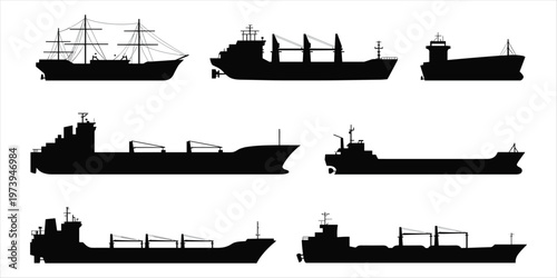 Bild auf Leinwand Assortment of Silhouettes Featuring Cargo Ships and a Sailing Vessel container s