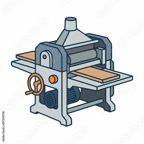 A 3D illustration of a woodworking planer machine with a wooden board being fed through it, set against a white background.