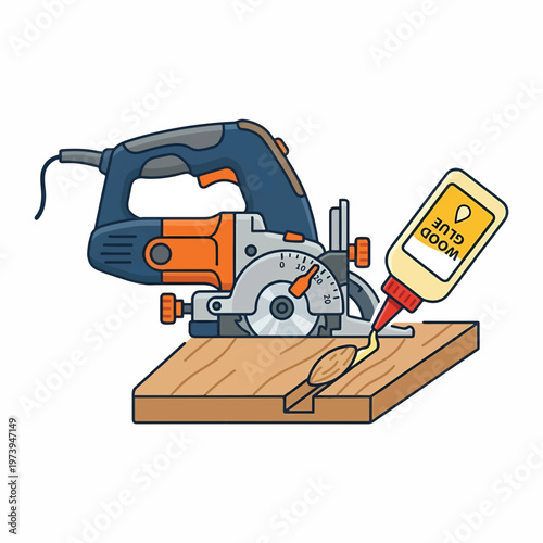 A circular saw cutting a groove in wood while wood glue is applied to the cut.