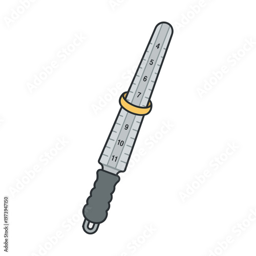 A ring sizer tool with a ring on it, showing measurements for ring size.
