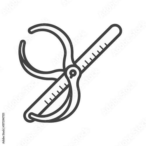 A black and white line drawing of a caliper with curved jaws and a ruler on the handle.