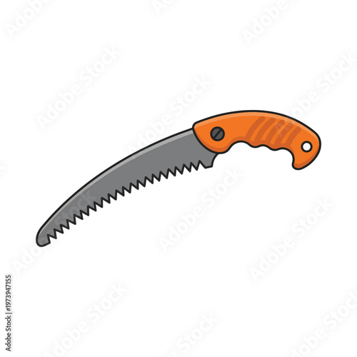 A cartoon illustration of a curved pruning saw with an orange handle and a silver blade, set against a white background.