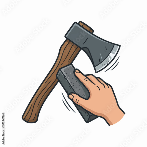 A hand sharpens an axe with a whetstone, preparing it for use.