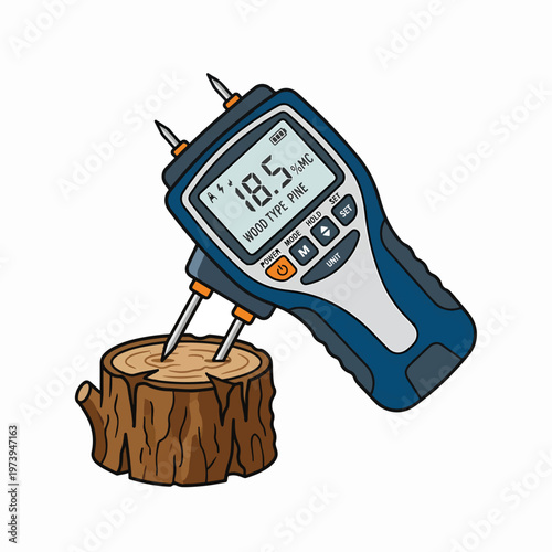 Digital moisture meter measuring moisture content in a wood log. The device displays 18.5% MC and WOOD TYPE: PINE.