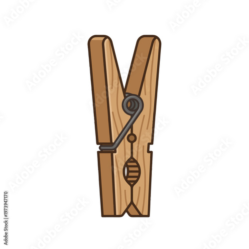 A simple, stylized illustration of a wooden clothespin with a metal spring. Isolated on a white background.