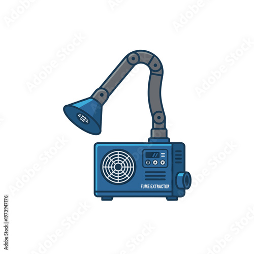 A blue fume extractor with a flexible arm and a light, featuring a fan and control panel.