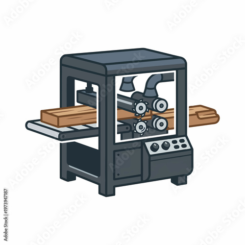 A woodworking machine processes a wooden plank on a conveyor belt, with rotating rollers and vacuum hoses visible.