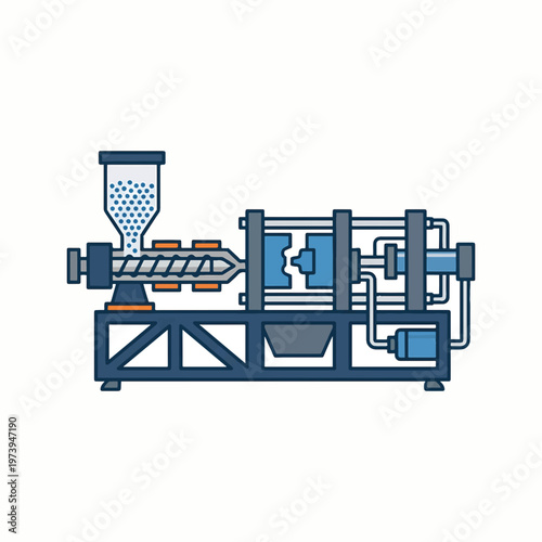 Illustration of a plastic injection molding machine, showing the hopper, screw, barrel, mold, and hydraulic system.