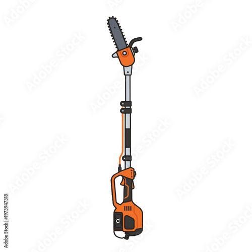 A detailed illustration of an orange and black electric pole saw, featuring a telescopic pole and a chainsaw head, on a white background.