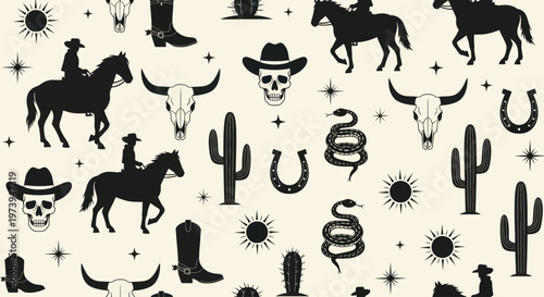 Western Cowboy and Rodeo Themed Seamless Pattern with Silhouettes.