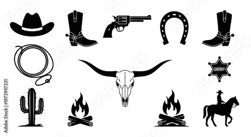 Western Cowboy Elements Collection with Hat Boots Revolver and Bull Skull.