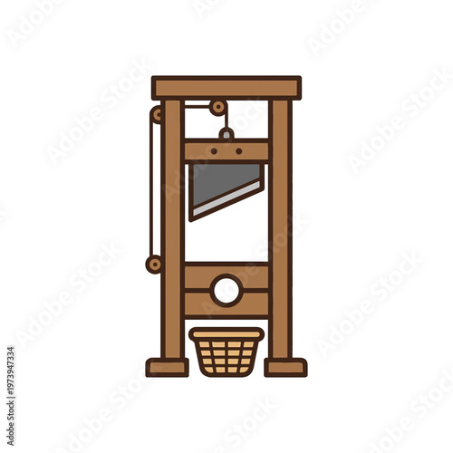 A wooden guillotine with a basket underneath. It is depicted in a simple, stylized, and illustrative manner.