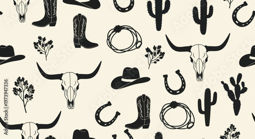 Western Cowboy Culture Seamless Pattern with Skulls and Boots.