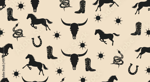 Western Cowboy Culture Seamless Pattern with Horses and Skulls.
