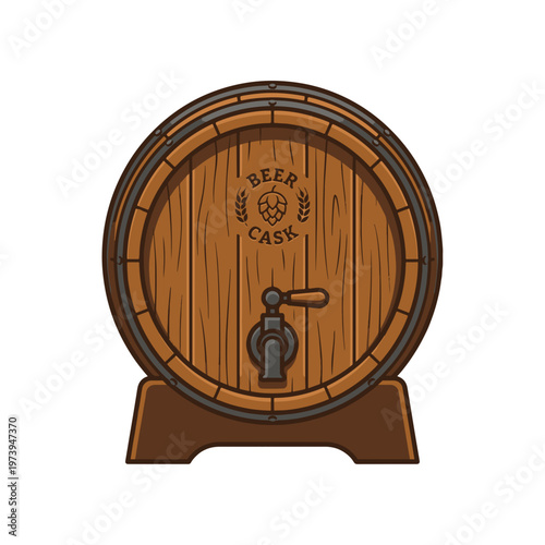 A cartoon illustration of a wooden beer cask with a spigot and stand. It features BEER CASK text and a hops logo on the front.