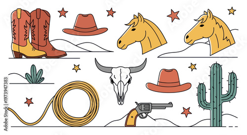 Western Cowboy Elements Set with Boots Hats Horses and Cactus.