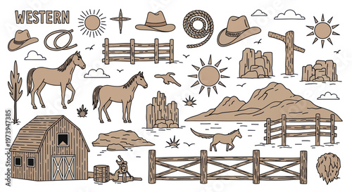 Western Cowboy Elements Collection with Horses Barn and Fences.
