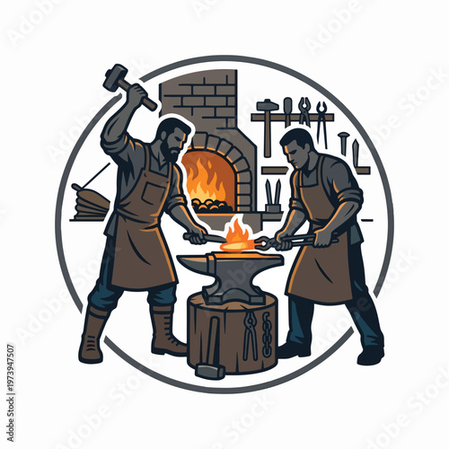 Two blacksmiths expertly forge hot metal on an anvil, one striking with a hammer while the other holds with tongs. A brick forge with a blazing fire is in the background, all within a circul