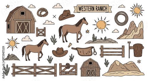 Western Ranch Hand Drawn Doodle Elements Set.