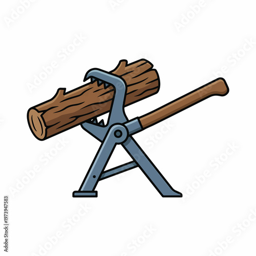 Cartoon illustration of a log held securely by a timberjack or log jack, a manual tool for lifting and stabilizing logs for cutting.