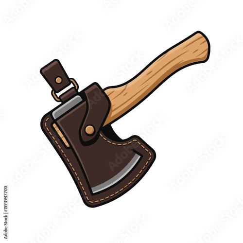 Cartoon ax with a brown leather sheath and a wooden handle, presented on a white background.