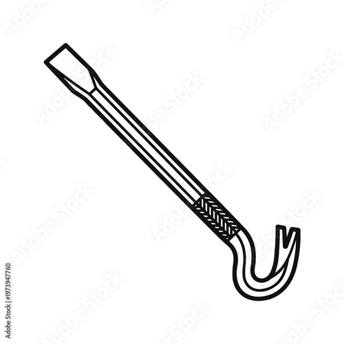 A simple line drawing of a crowbar, featuring a flat, beveled end and a curved, claw-like end for prying.