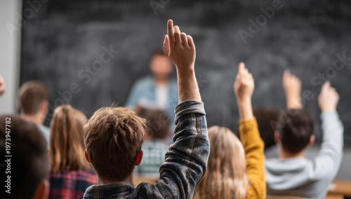 Students actively participating and raising hands in a classroom