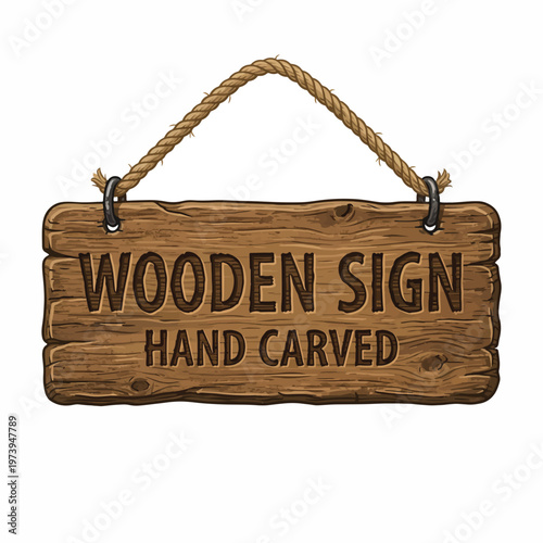 An illustrated brown rustic wooden sign, hand-carved with 'WOODEN SIGN HAND CARVED' text, suspended by a rope and metal rings against a white background.
