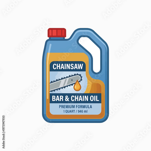 Vector illustration of a blue bottle with a red cap, containing yellow chainsaw bar and chain oil, featuring a chainsaw blade icon and text.