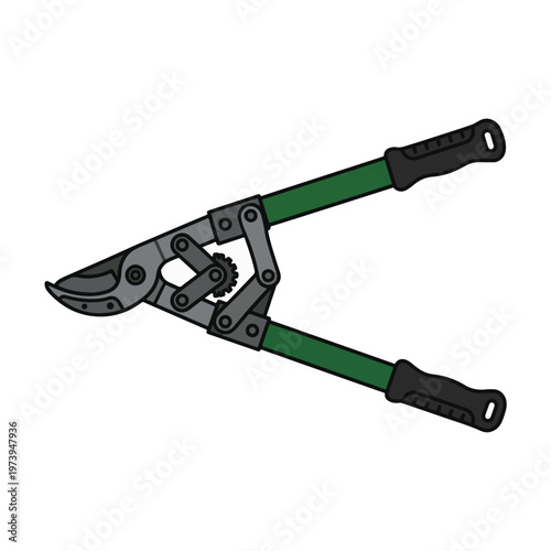 An illustration of long-handled loppers with green handles, black grips, and a silver cutting head featuring a gear mechanism, used for heavy-duty pruning.