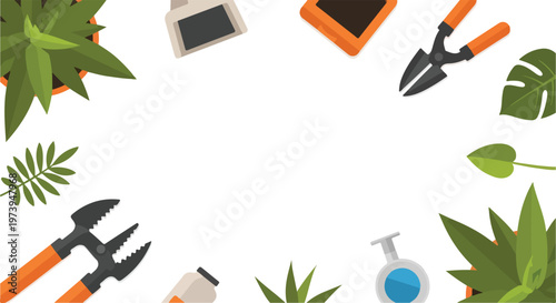 This flat-lay illustration features various gardening tools, potted plants, and botanical leaves arranged around a white central copy space.