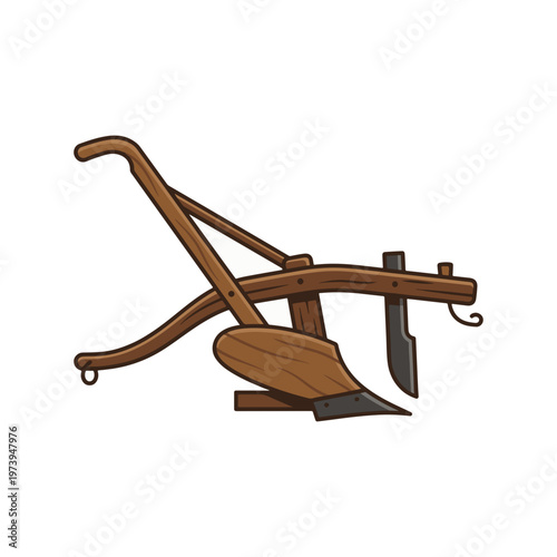 An illustration of a traditional wooden plow with a metal plowshare and coulter, designed for tilling soil. It features a rustic, antique look on a white background.