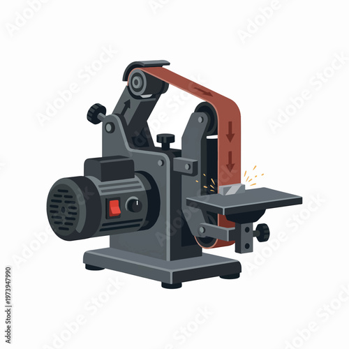 A dark gray belt grinder with a red sanding belt actively grinds a metal workpiece, generating sparks, against a white background.