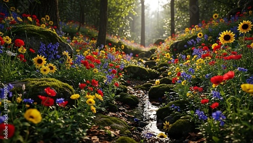 Enchanting Forest Stream with Vibrant Wildflowers and Sunlit Canopy.