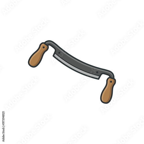 A cartoon illustration of a drawknife, a woodworking tool with a curved dark blade and two wooden handles, positioned diagonally on a white background.