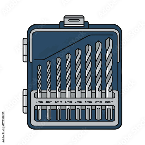 An illustration of a drill bit set in a blue case, showing 9 twist drill bits ranging from 3mm to 10mm, organized by size.