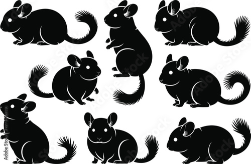 Nine Silhouettes of Chinchillas in Different Poses on White Background Keywords: silhouette, chinchilla, rodent, animal, pet