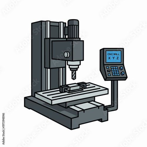 An illustration of a modern CNC milling machine with a workpiece on its bed and a control panel displaying 'CNC MILL XYZ'. It features a cutting tool ready for operation.