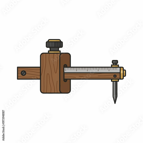 A classic woodworking marking gauge featuring a brown wooden stock, a metal beam with a scale, and a brass thumbscrew, used for scribing lines.