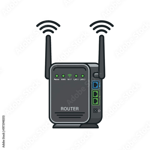 A cartoon illustration of a black wireless router with two antennas emitting Wi-Fi signals, featuring indicator lights, Ethernet ports, and ROUTER text on a white background.