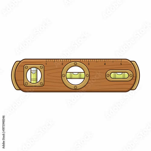 A cartoon wood level with three vials, one vertical and two horizontal, set against a white background.