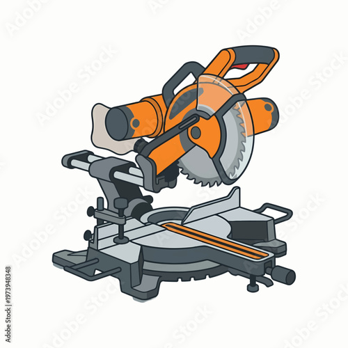 An orange and grey cartoon illustration of a miter saw, a precision power tool with a circular blade and adjustable base for woodworking and angle cuts.