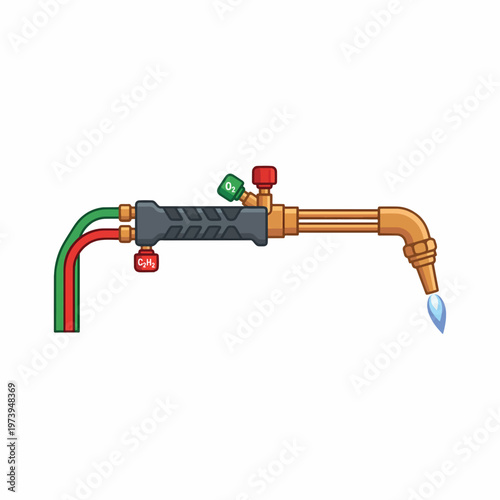 Illustration of a gas welding torch with red and green hoses connected. It features control knobs for oxygen and acetylene gas.