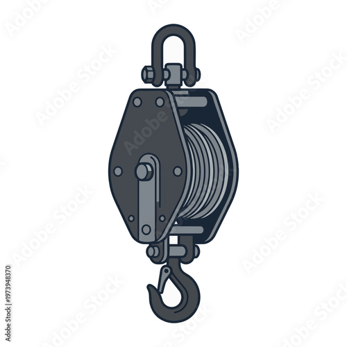 A dark gray, double-sheaved pulley system with a hook at the bottom and a shackle at the top, on a white background.