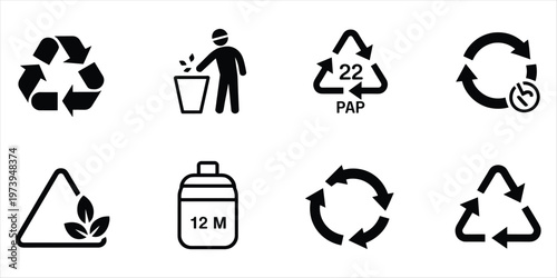 Recycling and Waste Management IconsTitle:Recycling and waste management icons including recycling symbols trash can and material