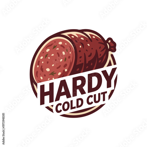 A stylized logo featuring a sliced salami or sausage in shades of red and brown, showing internal texture. Bold white text 'HARDY COLD CUT' diagonally crosses the bottom, set against a dark 