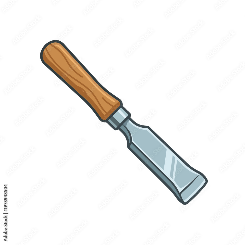 Fototapeta premium An illustration of a woodworking chisel with a brown wooden handle and a shiny metal blade, isolated on a white background.
